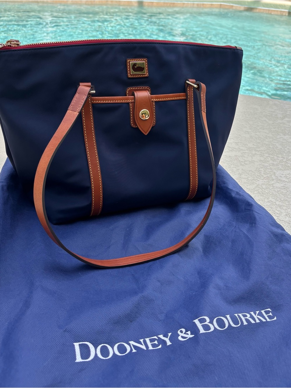 Dooney & Bourke Navy Nylon Wayfarer Tote Brown Leather Trim